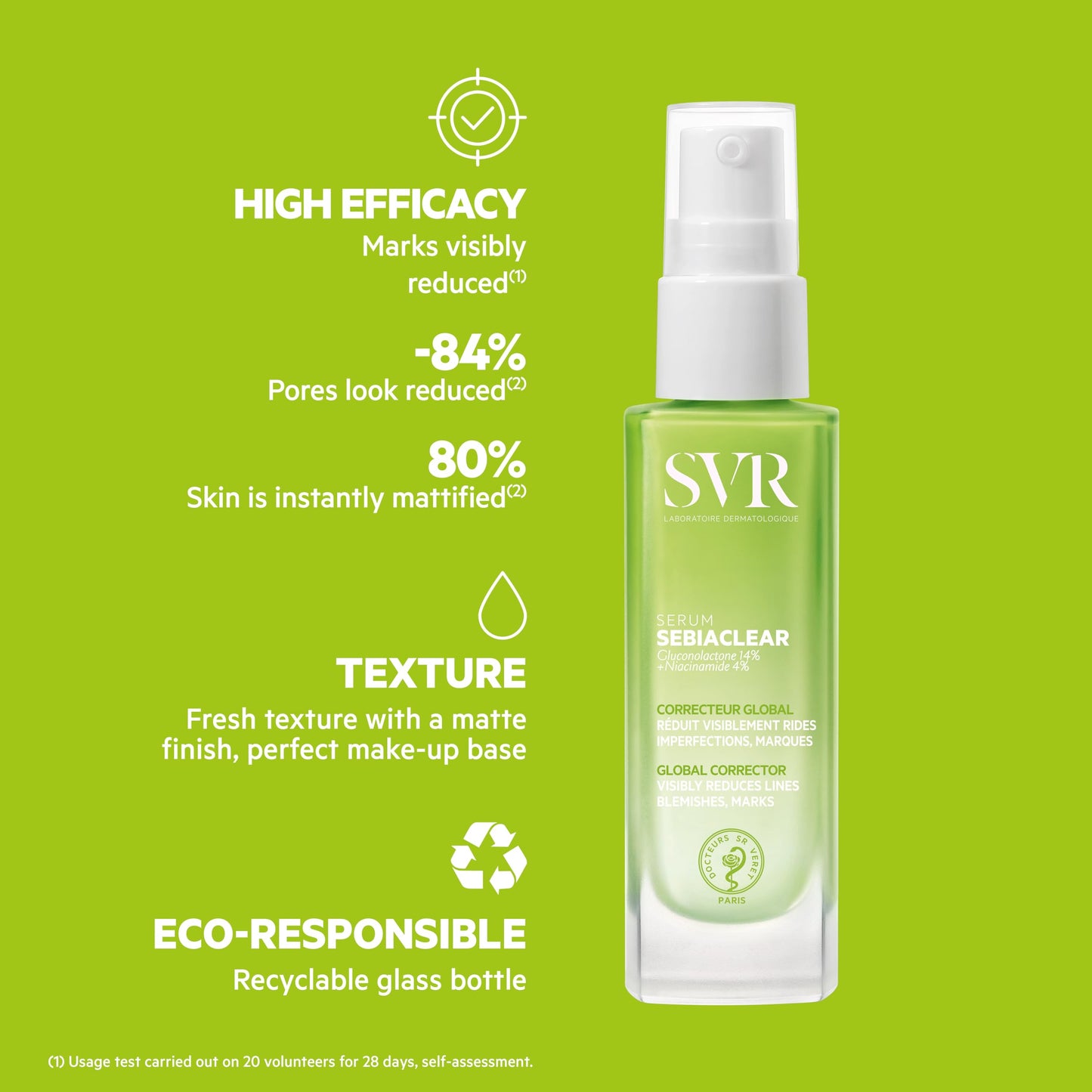 SVR Sebiaclear Serum makeup primer bottle with white pump on lime green background on Tampa Home & Garden Store