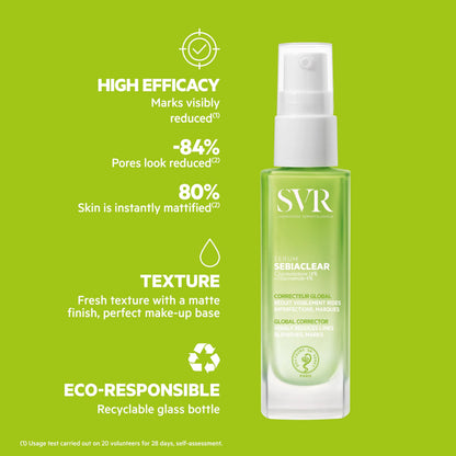SVR Sebiaclear Serum makeup primer bottle with white pump on lime green background on Tampa Home & Garden Store