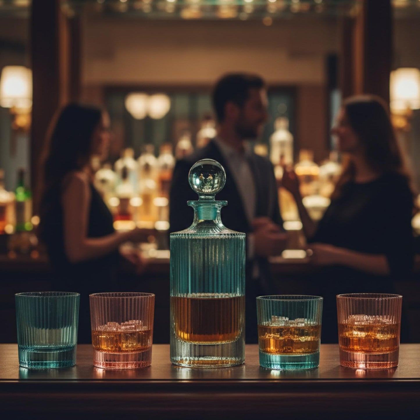 Ribbed Glass Decanter Set and 4 Whiskey Glasses