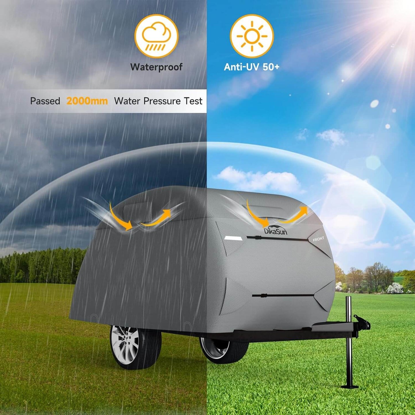 Teardrop camper cover by Dikasun Outdoor; 7-layer waterproof gray cover with front logo on Tampa Home & Garden Store