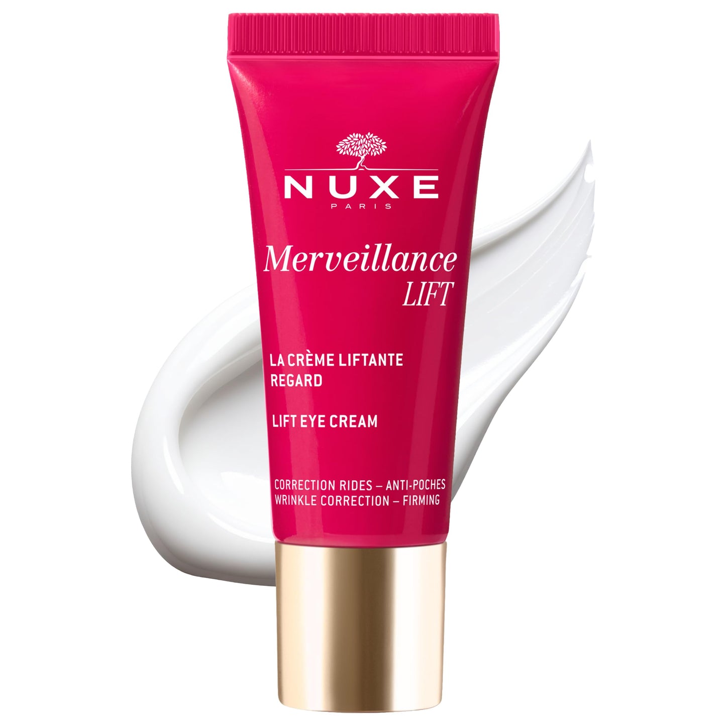 Eye cream Nuxe Merveillance Lift pink tube with gold cap and Nuxe Paris branding on Tampa Home & Garden Store