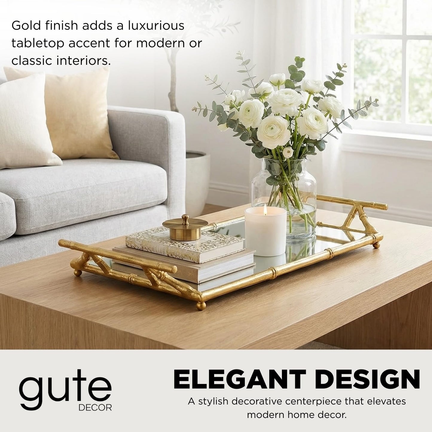 Large Gold Mirrored Tray With Bamboo And Display