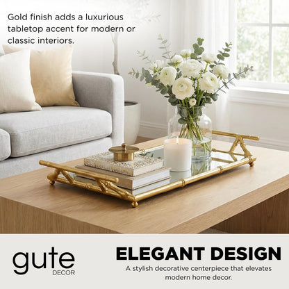 Large Gold Mirrored Tray With Bamboo And Display