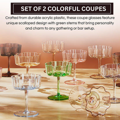 Jade Green Flower Champagne Coupes Set of Two