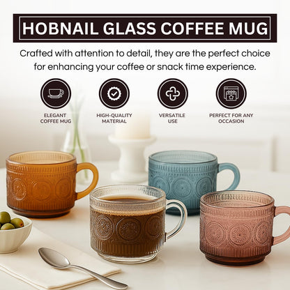 Tonal Hobnail Glass Mugs and Gold Spoons Set of 4