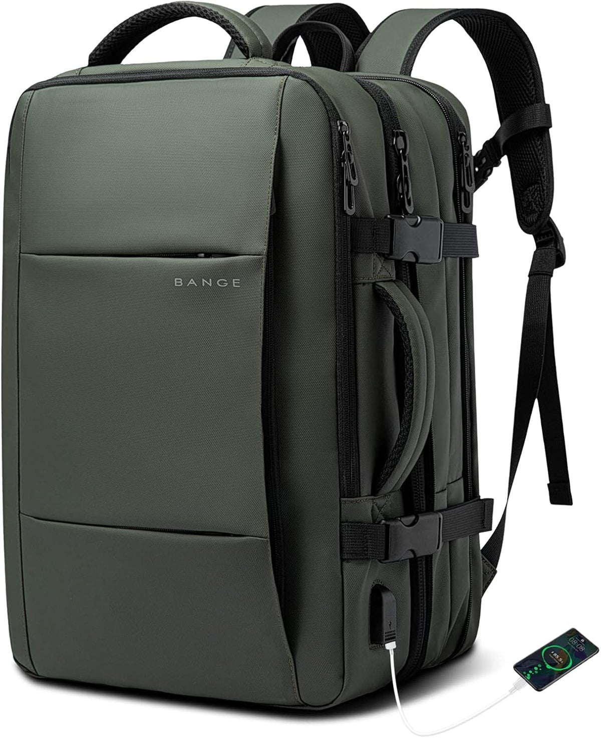 Expandable 26–45L travel backpack olive green with USB zip pockets, side straps; BANGE logo on Tampa Home & Garden Store