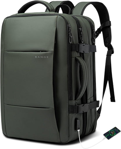 Expandable 26–45L travel backpack olive green with USB zip pockets, side straps; BANGE logo on Tampa Home & Garden Store