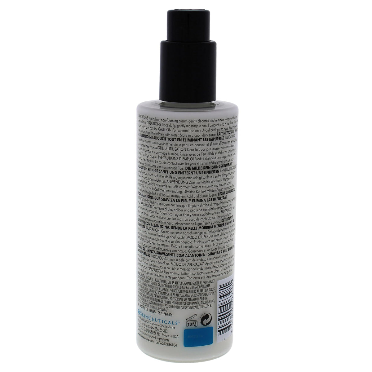 Skinceuticals Gentle Cleansing Cream 200ml bottle with black pump dispenser and dense multilingual label on white plastic on Tampa Home & Garden Store
