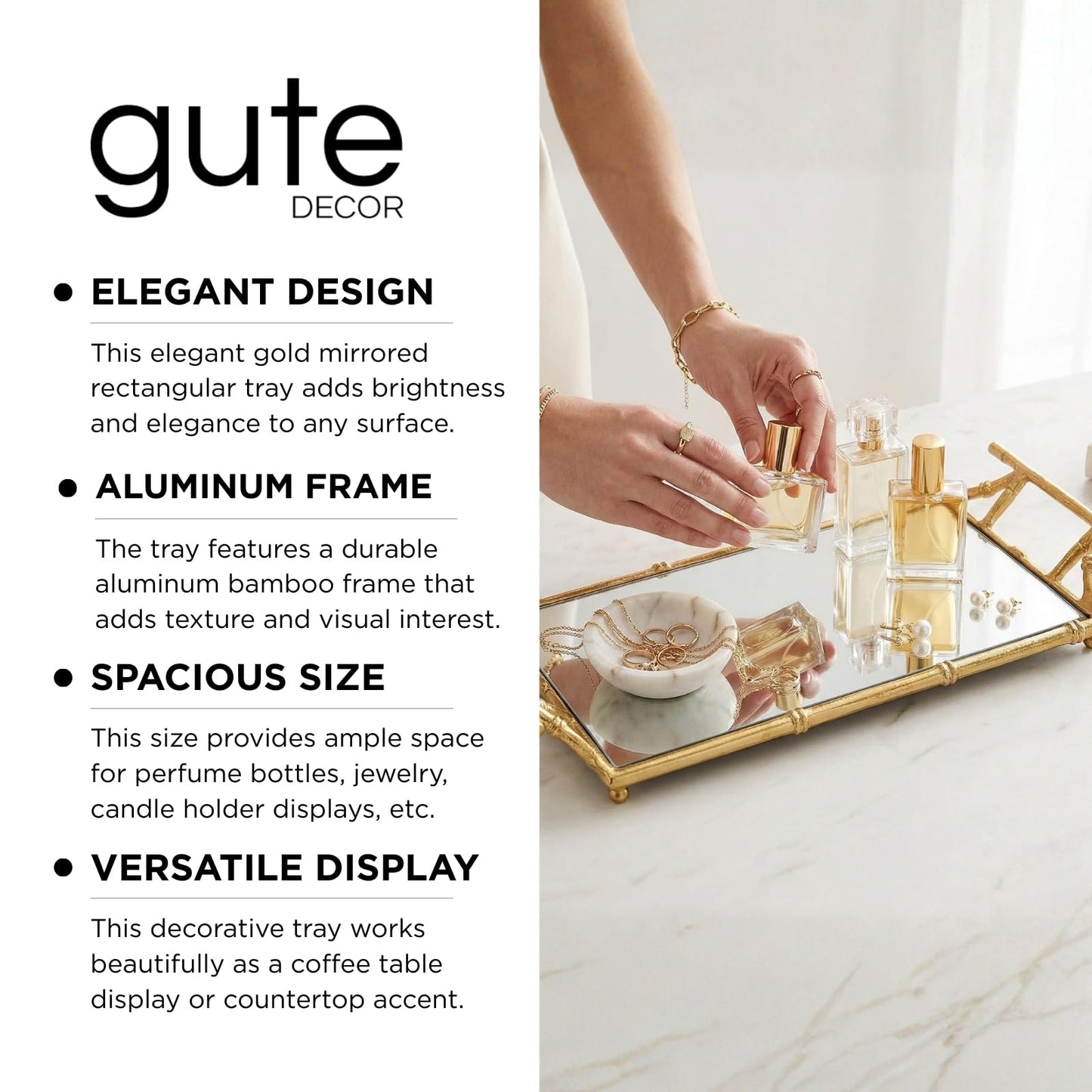Large Gold Mirrored Tray With Bamboo And Display