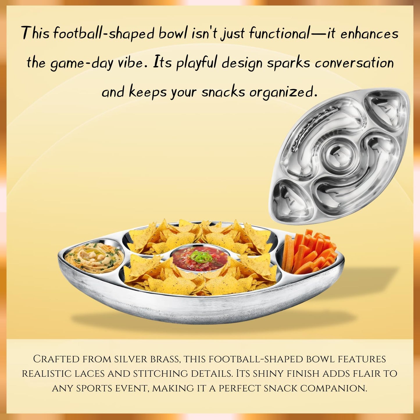 Silver Brass Football Chip and Dip Serving Bowl