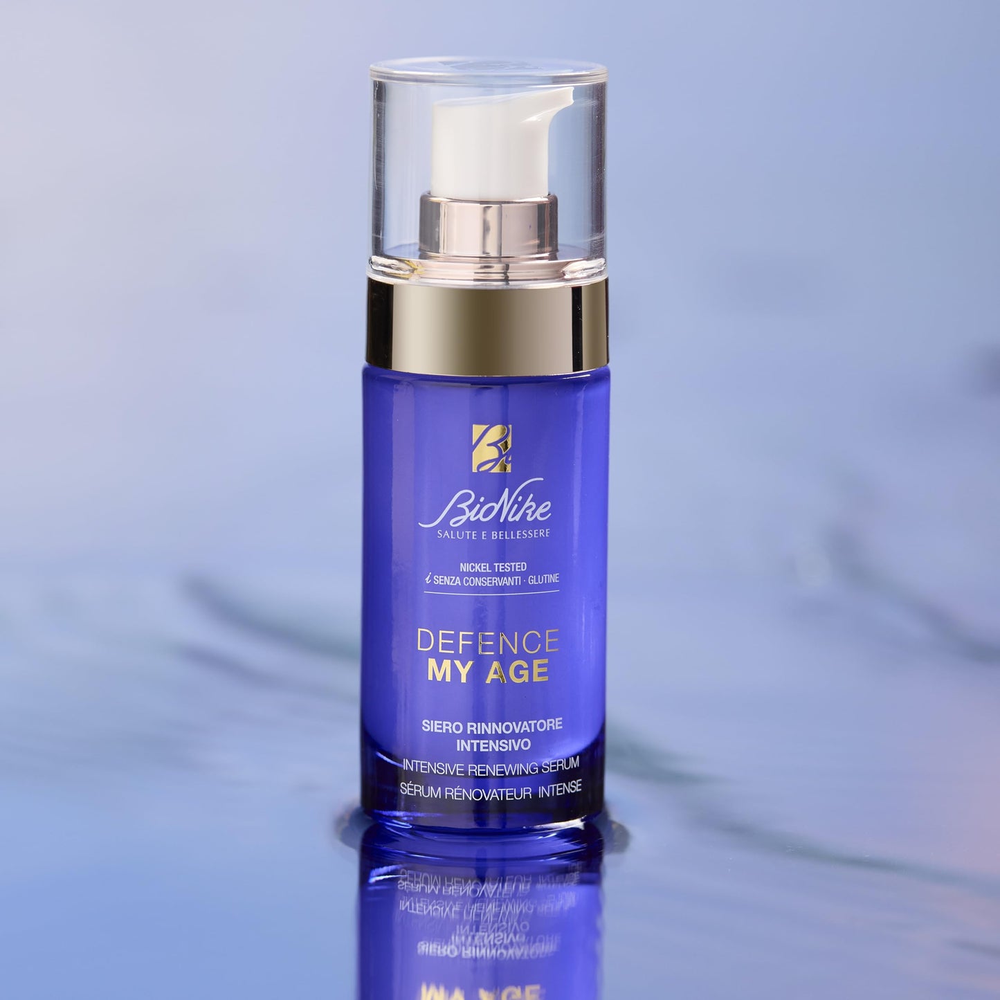 BioNike Defence My Age Renewing Serum blue bottle pump anti-aging hydrating facial serum on Tampa Home & Garden Store