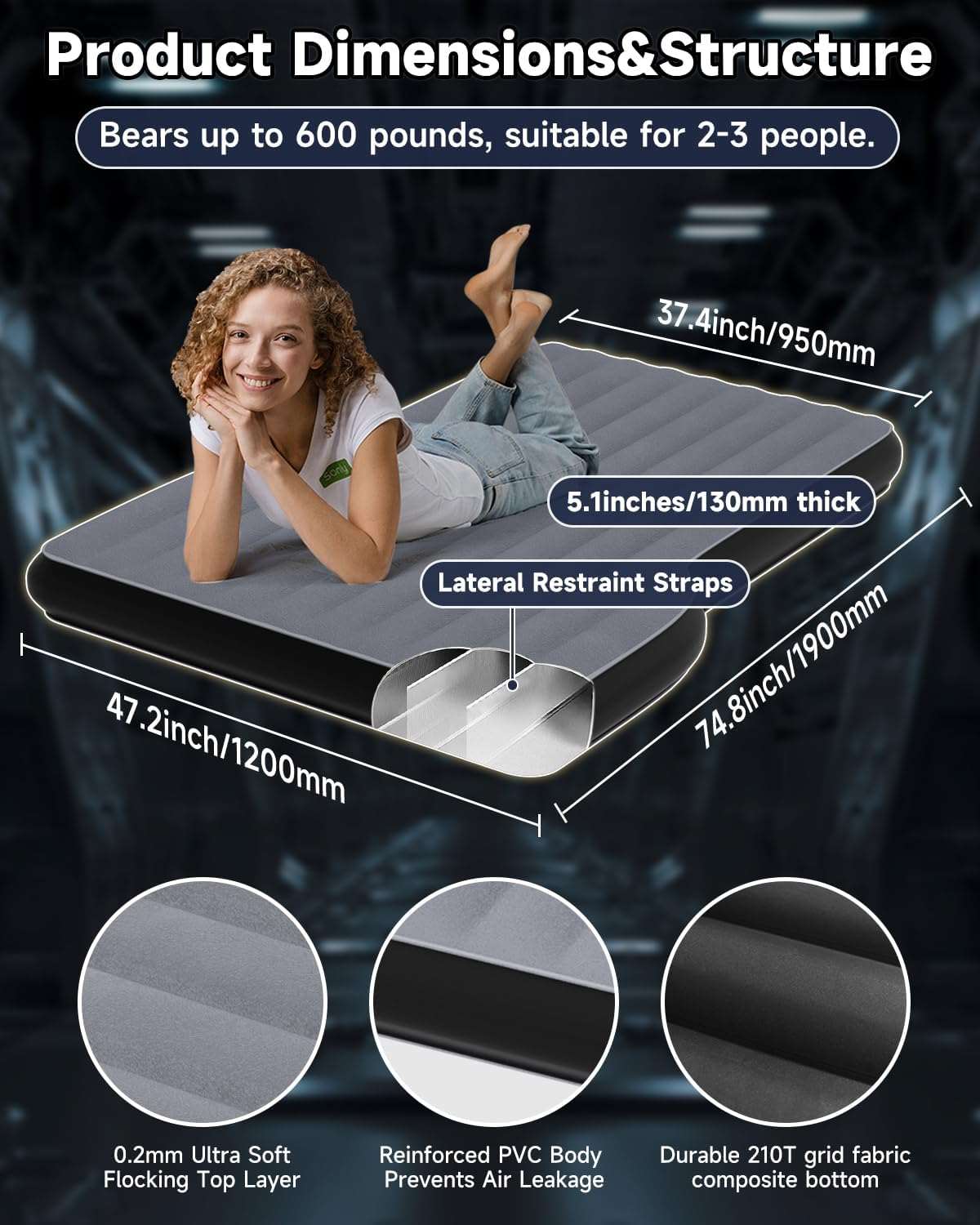 Umbrauto gray SUV air mattress for car camping; 74.8x47.2in, thick 5.1in, reinforced PVC on Tampa Home & Garden Store