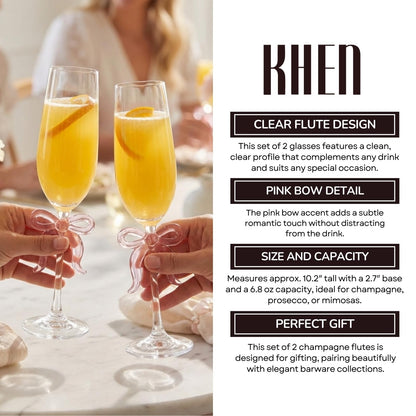 Two Clear Champagne Glasses and a Pink Bow Set