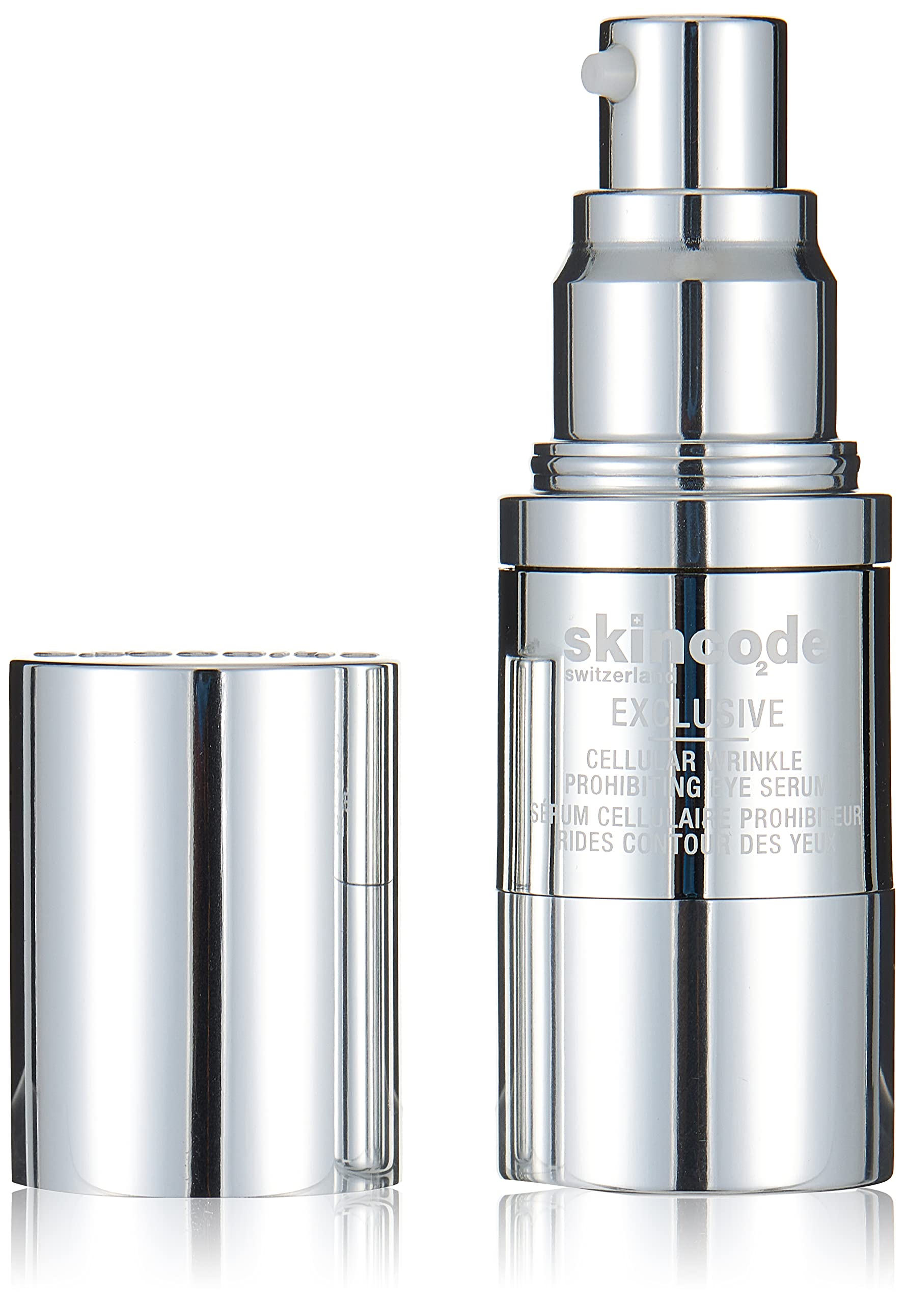 Skincode Cellular Wrinkle Prohibiting Eye Serum bottle with silver pump and cap on Tampa Home & Garden Store