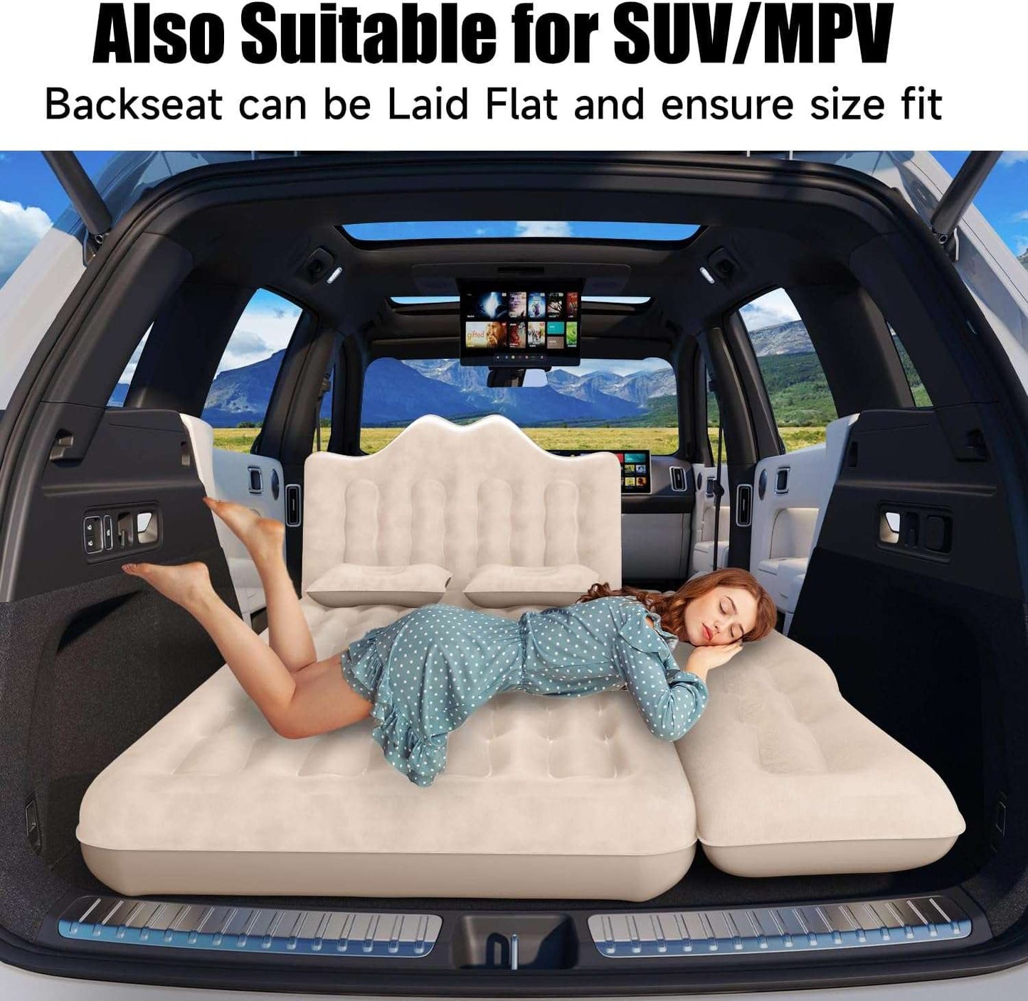 Backseat air mattress beige 30.31in width laid across SUV rear seats on Tampa Home & Garden Store