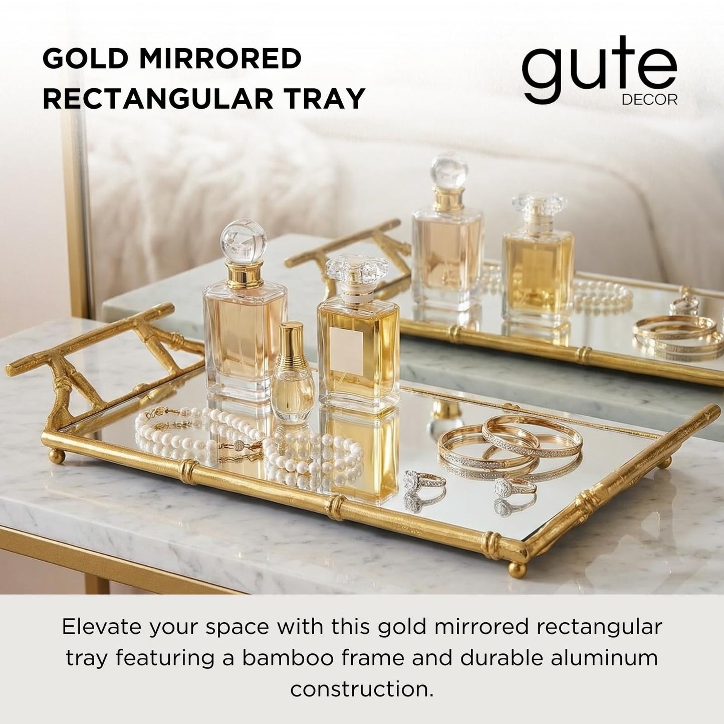 Large Gold Mirrored Tray With Bamboo And Display