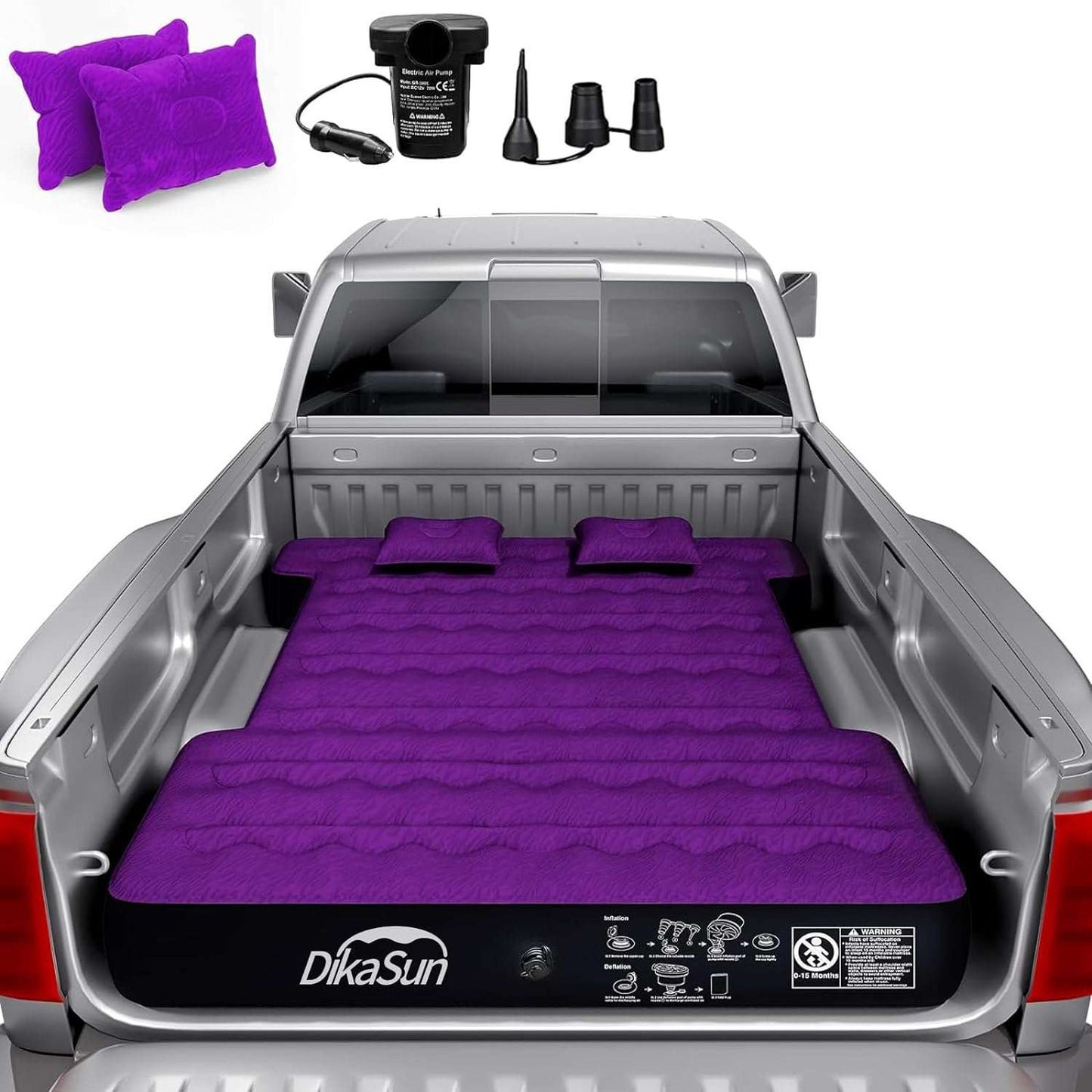 Truck bed air mattress 5.5-6.5ft purple by Dikasun Outdoor with pump kit and two pillows on Tampa Home & Garden Store
