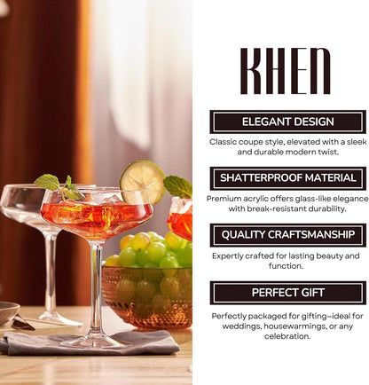 Set of 4 Clear Acrylic Coupe Cocktail Glasses
