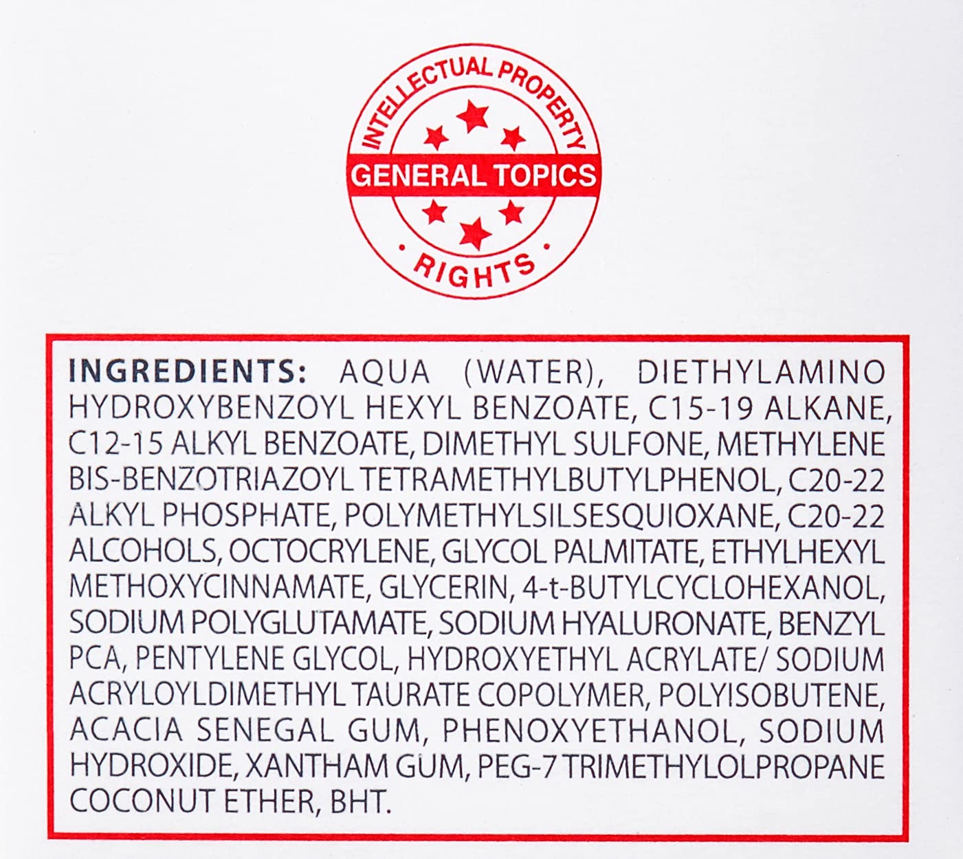 Face cream label showing ingredients list in a red bordered box with IP rights stamp on Tampa Home & Garden Store
