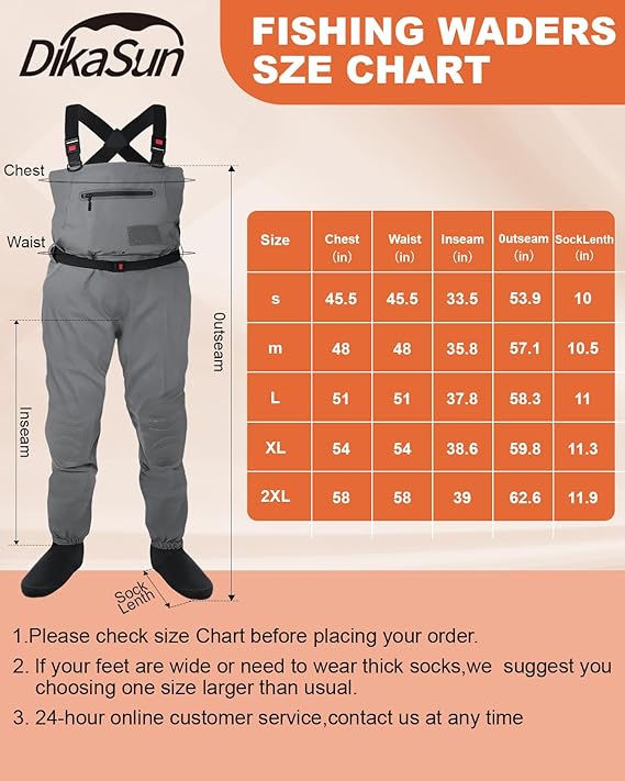 DikaSun breathable stocking-foot waders in grey with black suspenders for unisex fly fishing on Tampa Home & Garden Store
