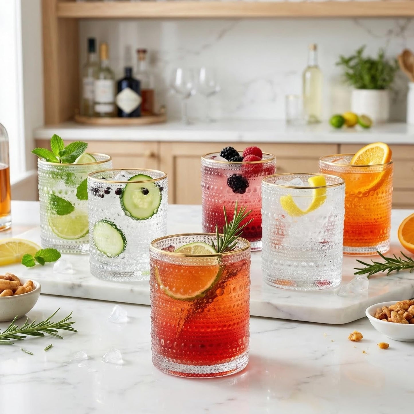 Set of 6 Clear Gold Rim Hobnail Cocktail Glasses