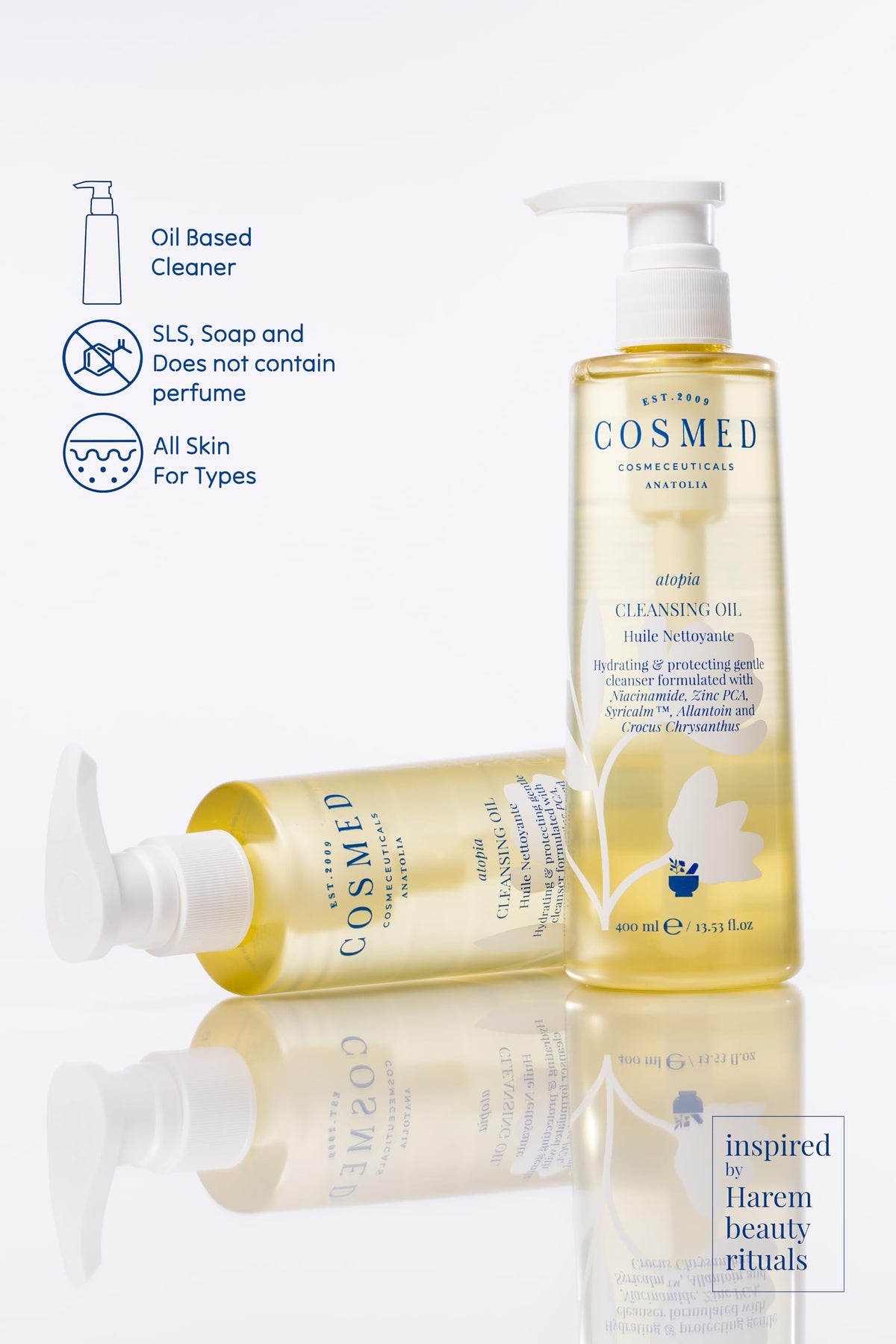 Two Cosmed Atopia Cleansing Oil 400 ml pump bottles, oil-based cleanser for all skin types on Tampa Home & Garden Store