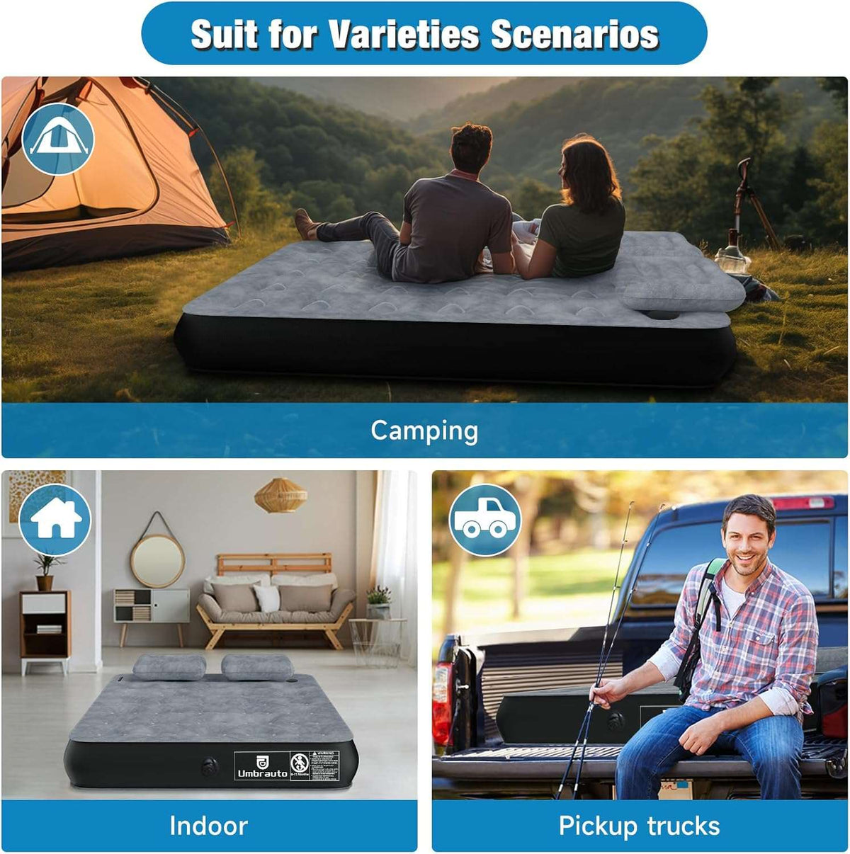 Umbrauto truck bed air mattress 5.5–6.5 ft square, gray top black base, wireless pump on Tampa Home & Garden Store