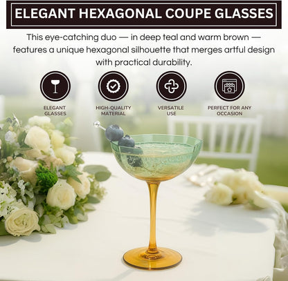 Elegant Hexagonal Teal and Brown Coupe Glasses