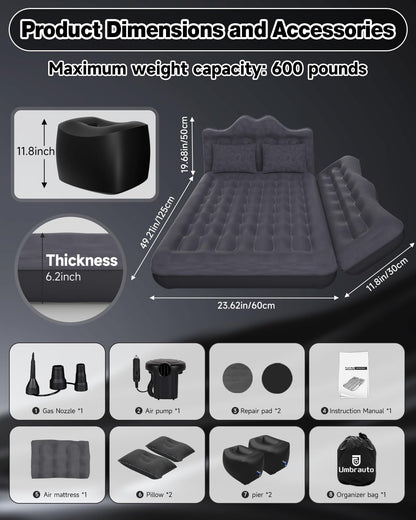 Umbrauto backseat air mattress for car/SUV, 60cm wide inflatable truck mattress with pump on Tampa Home & Garden Store