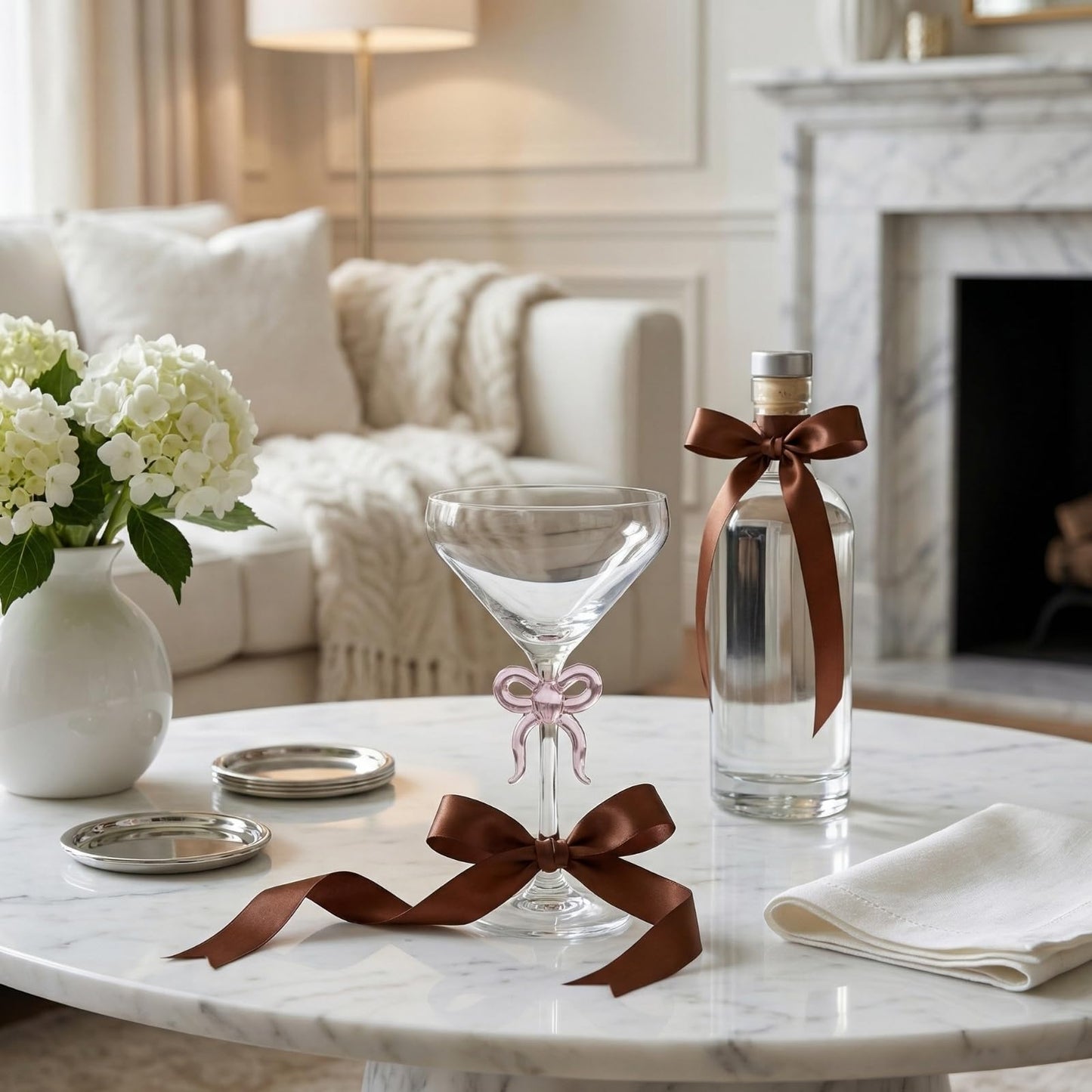 Single Clear Martini Glass with a Pink Bow