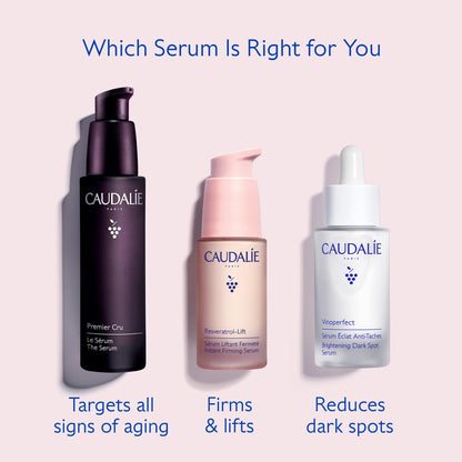 Caudalie serum trio: Resveratrol-Lift, Premier Cru, and Vinoperfect bottles on backdrop on Tampa Home & Garden Store