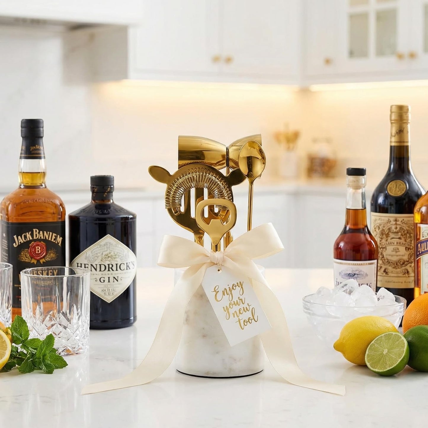 Gold Marble Cocktail Bar Tool Set With the Stand