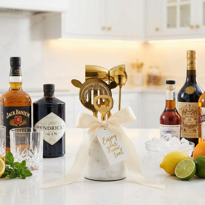 Gold Marble Cocktail Bar Tool Set With the Stand