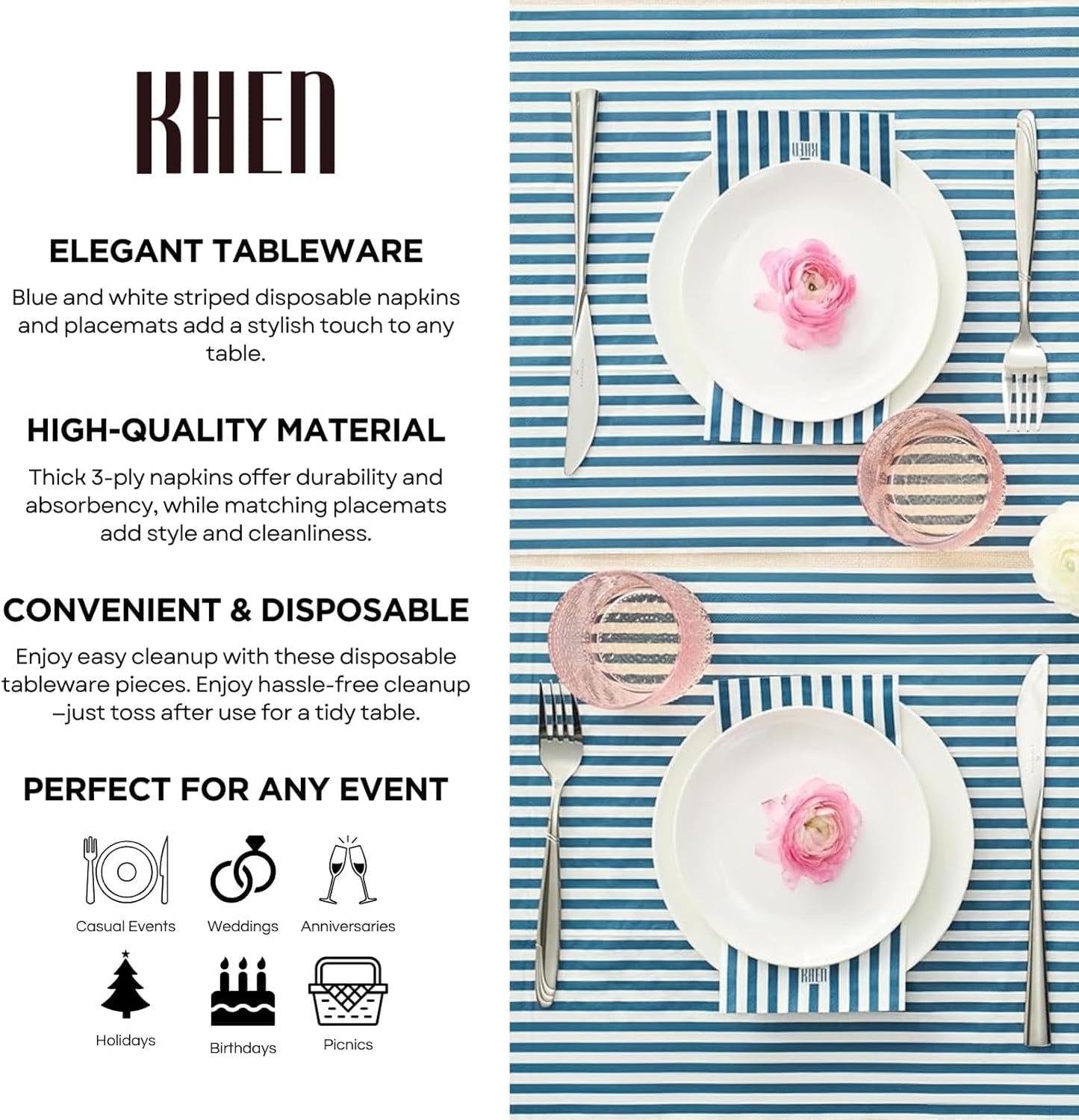 Blue Striped Disposable Paper Napkins Set of 50