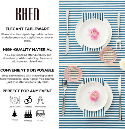 Blue Striped Disposable Paper Napkins Set of 50