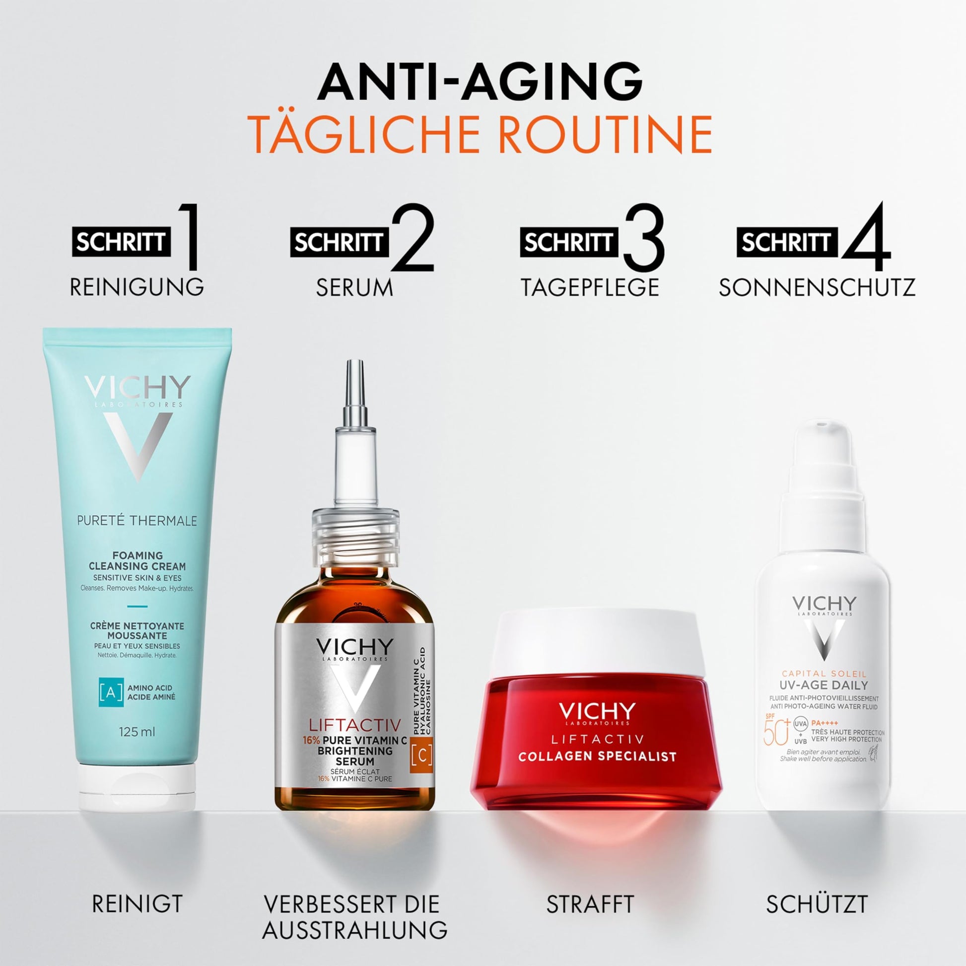 Vichy Liftactiv 15% Vitamin C Serum 20ml amber bottle amid several Vichy skincare products on Tampa Home & Garden Store