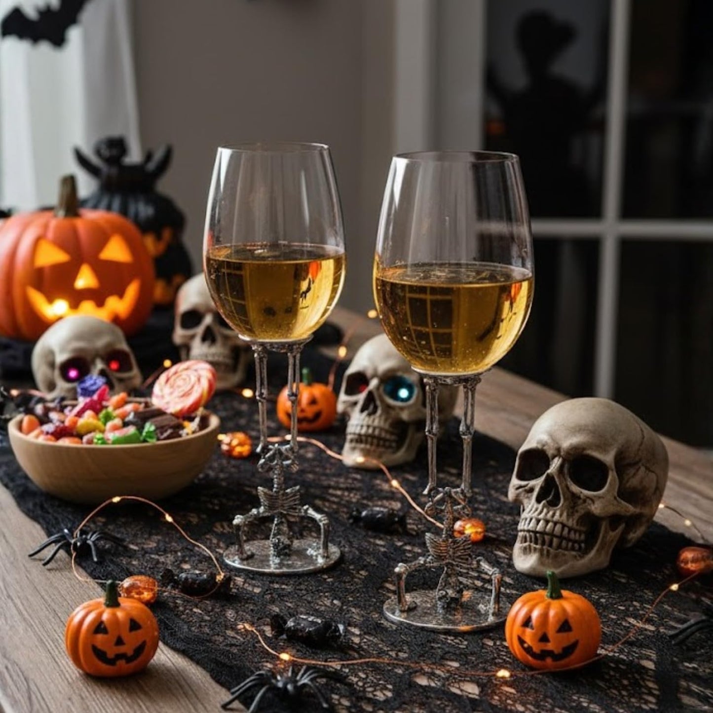 Spooky Skeleton Wine Glasses Set of Two and Decor