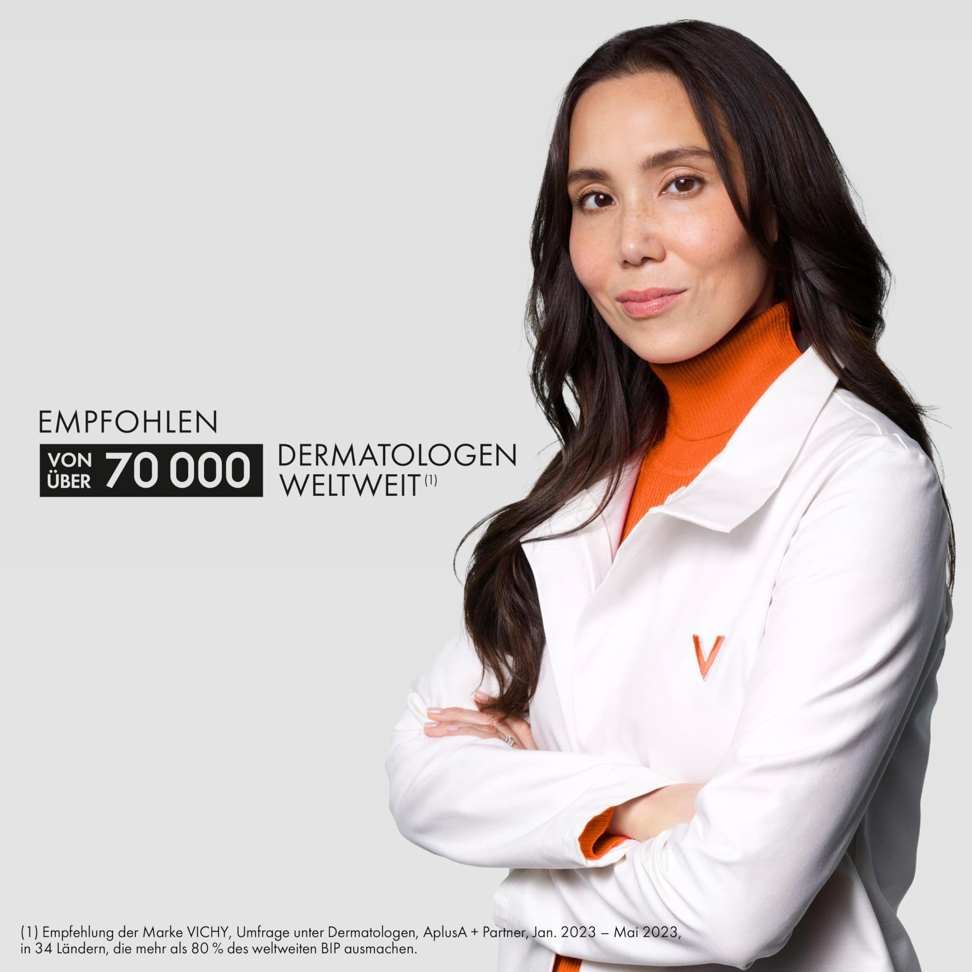 Skin care model in white lab coat with orange turtleneck against gray backdrop on Tampa Home & Garden Store