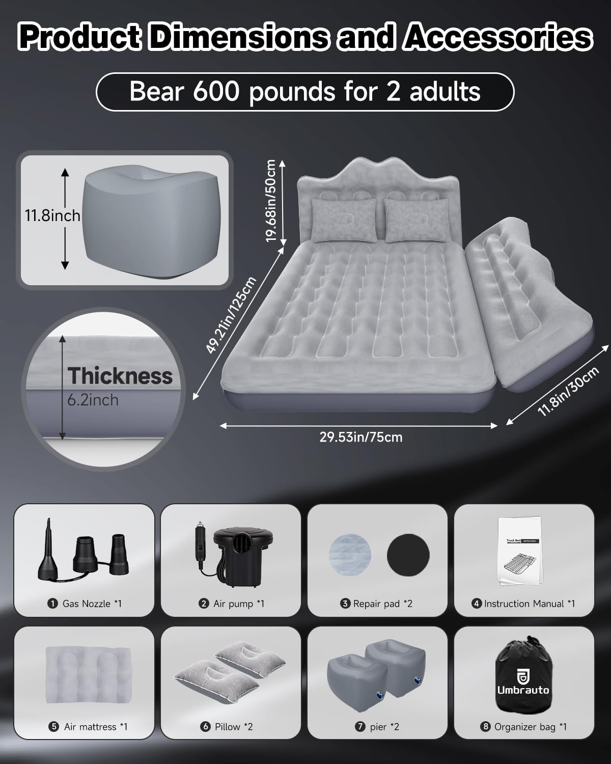 Umbrauto backseat car air mattress gray 29.53in wide with pump and pillows for SUV/truck/van on Tampa Home & Garden Store