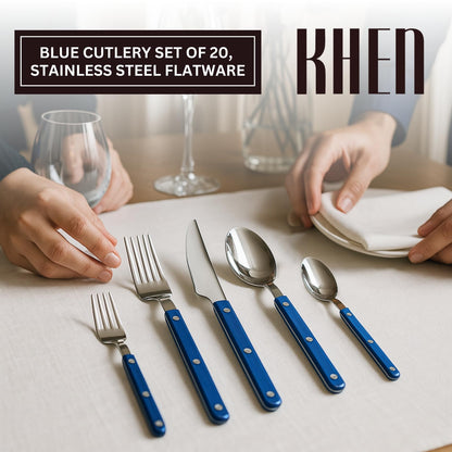 Khen Blue Stainless Steel Flatware Set of 20