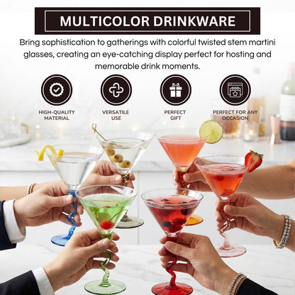 Spiral Stem Martini Glasses Set of 6 Multicolor