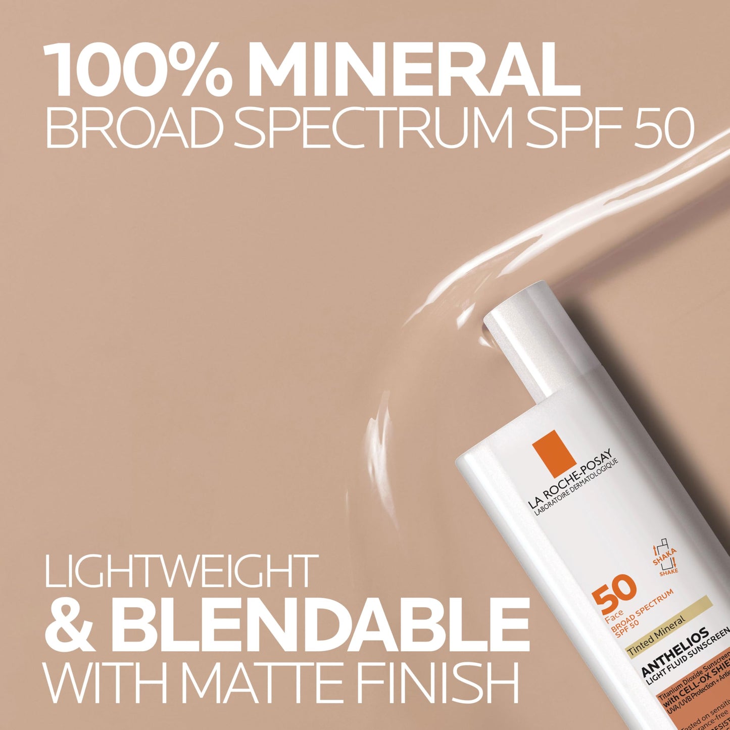 La Roche-Posay Anthelios tinted sunscreen SPF 50+ bottle with orange logo on peach background on Tampa Home & Garden Store