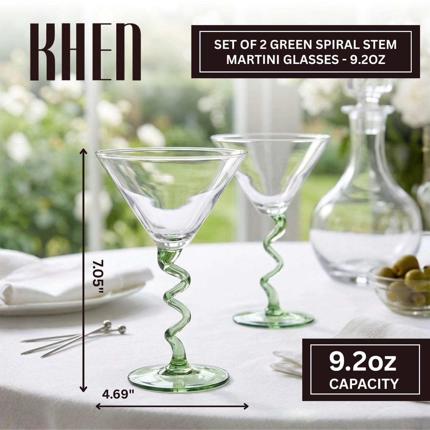Green Spiral Stem Martini Glasses Set of 2