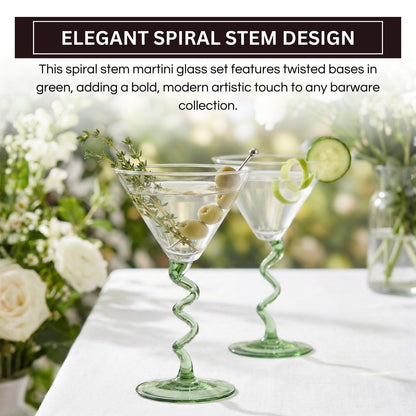 Green Spiral Stem Martini Glasses Set of 2