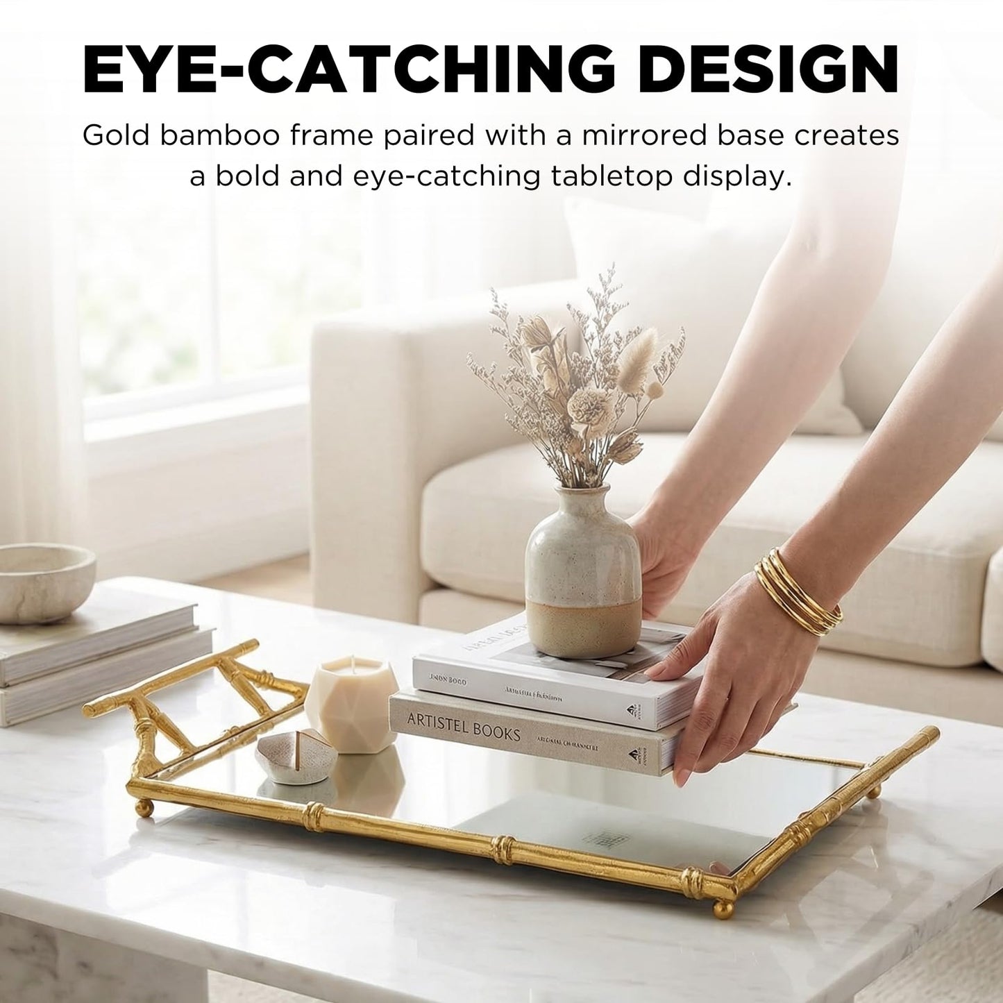 Large Gold Mirrored Tray With Bamboo And Display