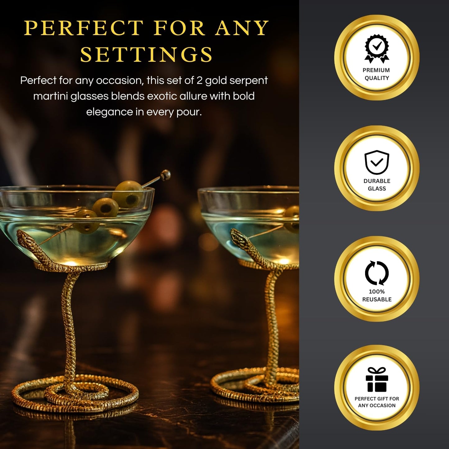 Gold Snake Serpent and Cocktail Glasses Set
