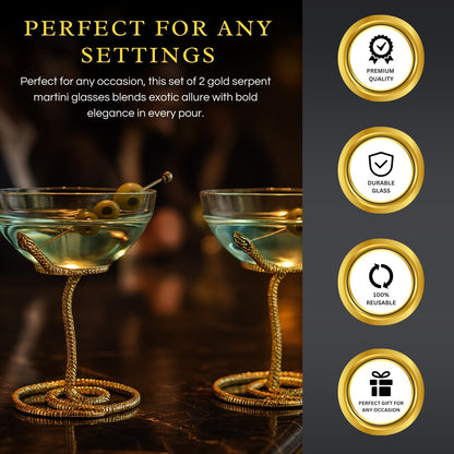Gold Snake Serpent and Cocktail Glasses Set
