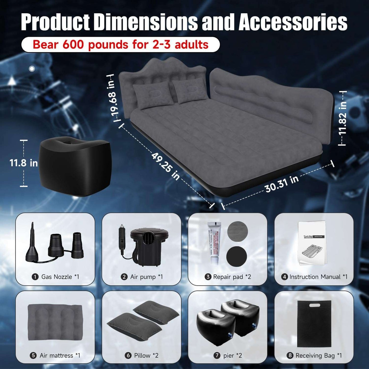 Backseat air mattress by Dikasun Outdoor, gray top with black base, inflatable SUV/truck bed on Tampa Home & Garden Store