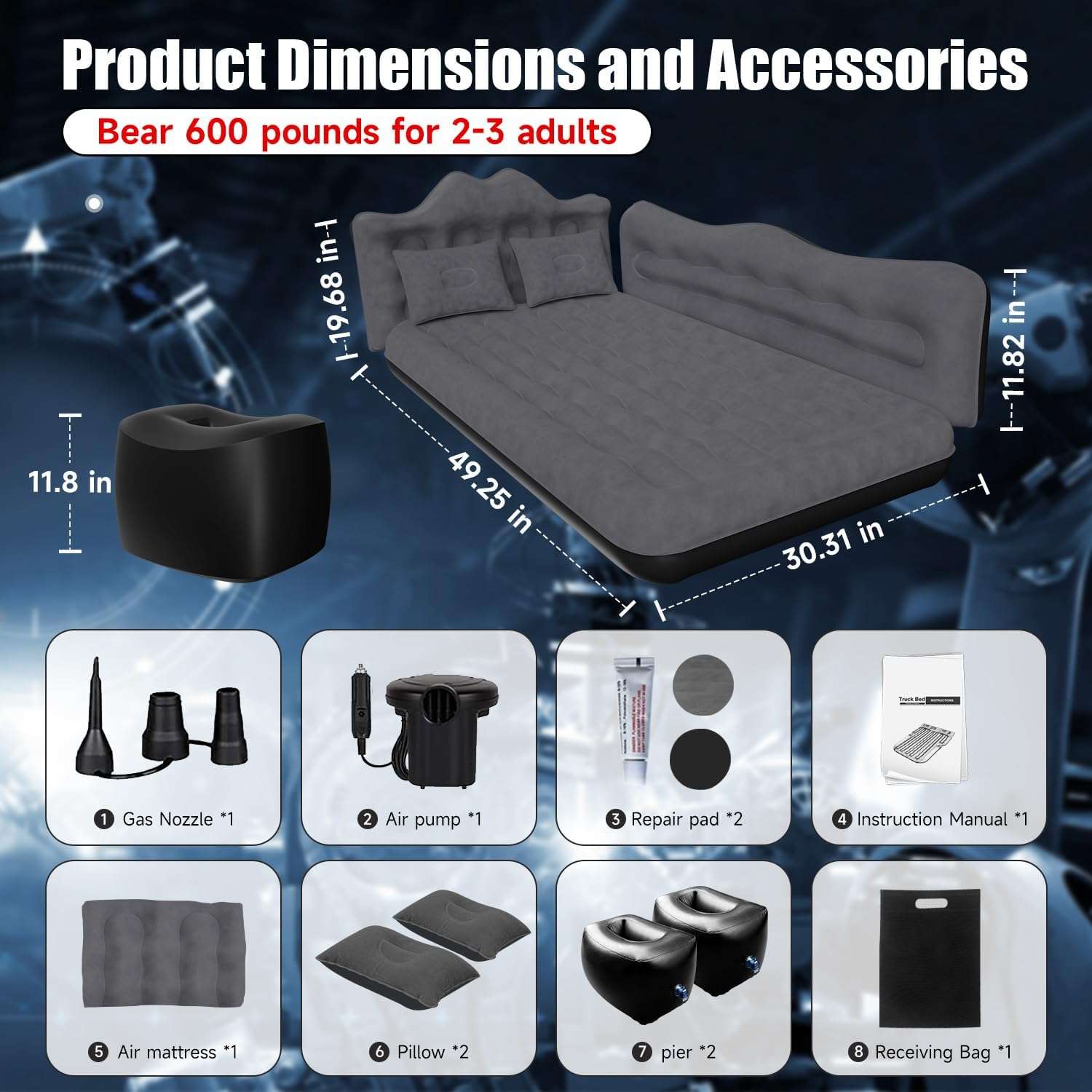 Backseat air mattress by Dikasun Outdoor, gray top with black base, inflatable SUV/truck bed on Tampa Home & Garden Store