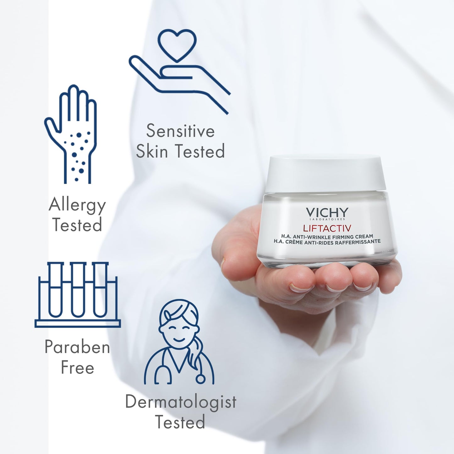 Vichy LIFTACTIV H.A. Anti-Wrinkle Firming Cream jar held in hand; white bottle, blue logo on Tampa Home & Garden Store